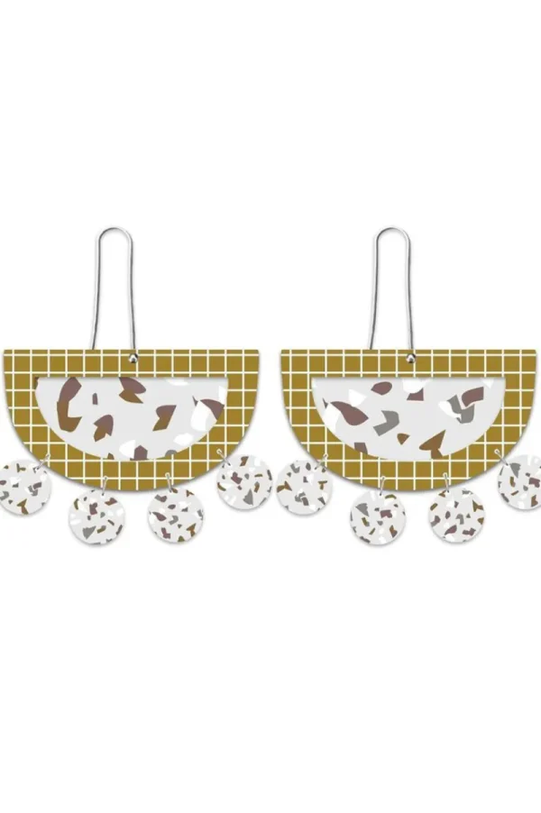 MoeMoe Design Neutral Tones Terrazzo Layered Moon Outline Long Drop Earrings^ Jewellery