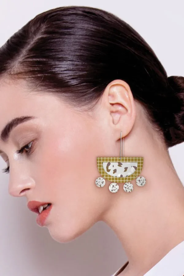 MoeMoe Design Neutral Tones Terrazzo Layered Moon Outline Long Drop Earrings^ Jewellery