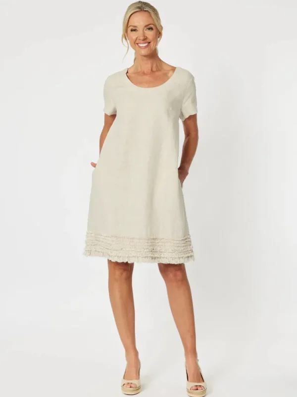 Gordon Smith Ruffle Hem Linen Dress Scoop Neck^ Dresses