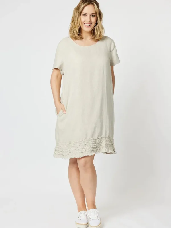Gordon Smith Ruffle Hem Linen Dress Scoop Neck^ Dresses